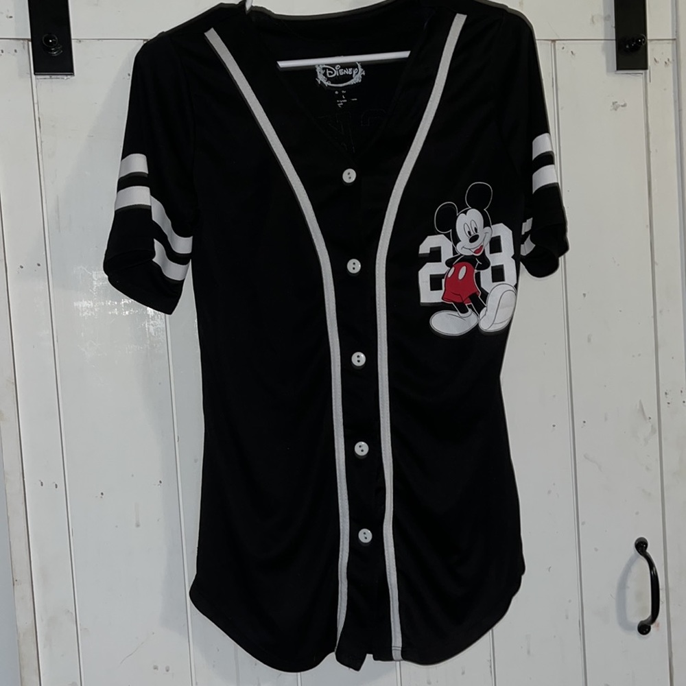 Disney | Women’s Button Down Mickey Mouse #28 Jersey in Black with White | Large